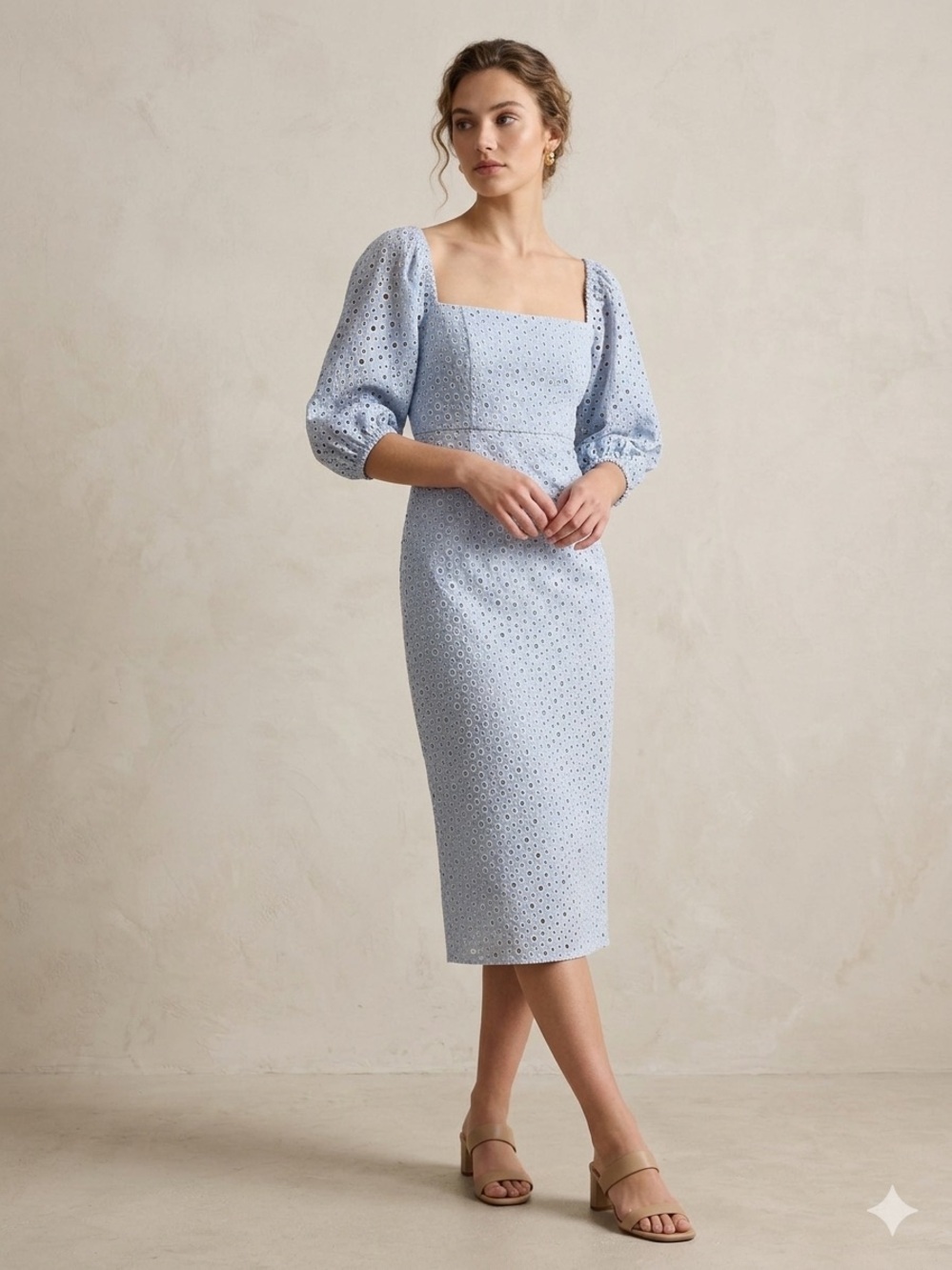 Prose & Poetry Delaney Square Neck Puff Sleeve Eyelet Midi Dress Size XS